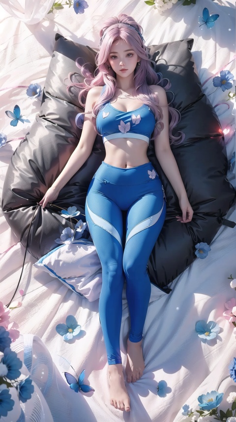  1 girl, (light gray tight yoga suit), multi-blue hair, pink hair, butterfly headband, white esports earphones, (snow), full body, lying down, navel, fair and transparent skin, viewed from above, represented by heart shape, decorated with blue heart shape, using a large number of heart shapes, using a large number of blue heart shapes as background, using a large number of blue, using a large number of blue flowers, soft light, masterpiece, best quality, 8K, HDR, goddess, Hourglass body shape