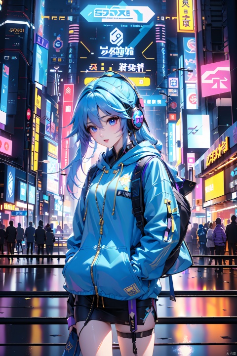  Dreampolis, hyper-detailed digital illustration, cyberpunk, single girl with techsuite hoodie and headphones in the street, neon lights, lighting bar,(blue|gold|Gradient hair),purple eyes,city, cyberpunk city, film still, backpack, in megapolis, pro-lighting, high-res, masterpiece, (/qingning/), (\MBTI\), (\shen ming shao nv\), Light master,standing