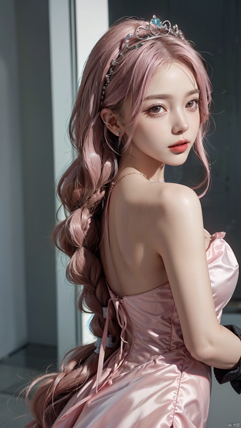 1girl, solo, long hair, pink hair, hair ornament, pink dress, brown eyes, jewelry, upper body, braid, earrings, necklace, lips, looking to the side, makeup, blue dress, tiara, gem, hair over shoulder, red lips,Look front, Hourglass body shape,