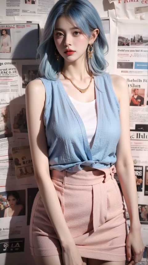 1girl,realistic,solo,Standing,(gold|pink|blue_hair),jewelry,Earrings, Necklace,{JK}, Newspaper wall,medium breasts,extremely detailed, 8k wallpaper, highly detailed, best quality,huliya,white vest,undershirt