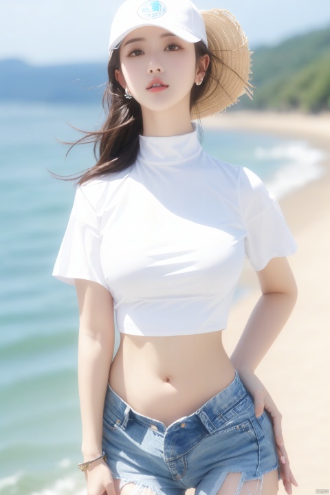 1girl,solo,navel,large_breasts,shirt,midriff,hat,white short sleeves,crop top,brown hair,day,white cap,denim shorts,cowboy shot,realistic,jeans,standing,blurry background,Sea to sky,sea ​​water, huliya, from_above,