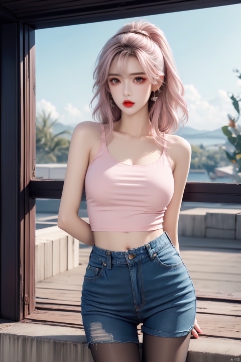 solo, looking at viewer,(white|pink|Gradient hair),  Pantyhose,  Ripped denim shorts,  wide shot,  HDR,  Vibrant colors,  surreal photography,  highly detailed,  masterpiece,  ultra high res,high contrast,  mysterious,  cinematic,  fantasy,  bright natural light,  pantyhose,  loafers, yunqing, Exquisite , Mouth, huliya, 1girl