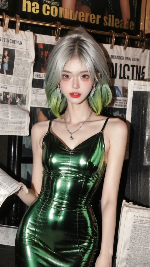  masterpiece, 1 girl, Stand,(silver|green|Gradient hair), jewelry, Earrings, Necklace, {JK}, Newspaper wall, huge filesize, extremely detailed, 8k wallpaper, highly detailed, best quality,dress