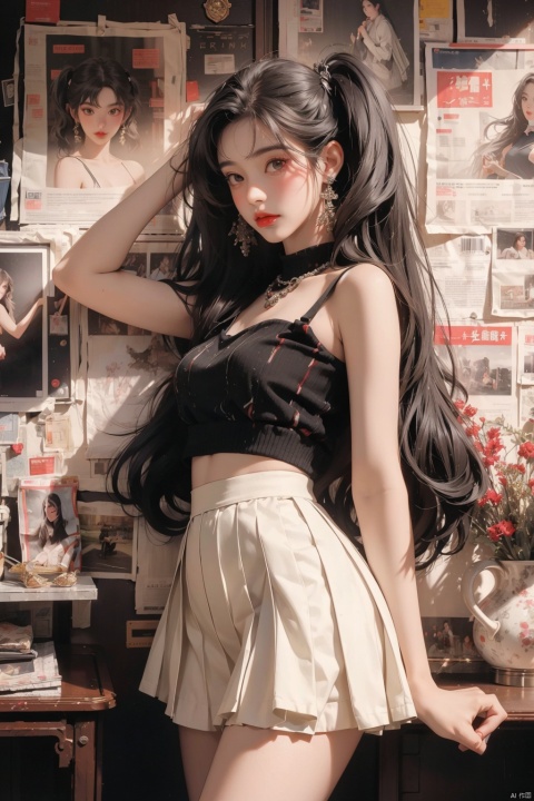  masterpiece, 1girl ((newspaper background)), black hair,Double horsetail, blush, looking at viewers, happy, whole body,(Bikini),twintails,twin tails,Pleated skirt,white short skirt,black short skirt,jewelry, (studio light), soft light, official art, beautiful and aesthetic:1.2), extreme detailed, (joshua middleton comic cover art:1.1), (1girl:1.4), (concretism:1.2), (hypermaximalistic:1.5), highest detailed, huliya, (Action painting:1.2), Ray tracing, best quality, best quality,huliya,fox