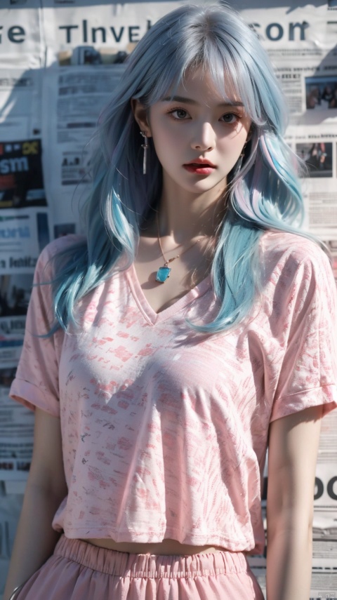  1girl,realistic,solo,Standing,(white|pink|blue_hair),jewelry,Earrings, Necklace,{JK}, Newspaper wall,medium *******,clothes writing,, extremely detailed, 8k wallpaper, highly detailed, best quality,sportswear,huliya, tm