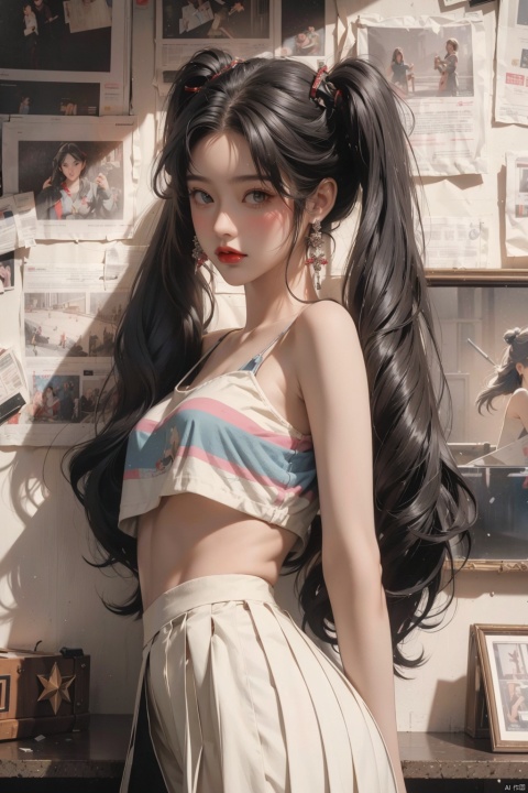  masterpiece, 1girl ((newspaper background)), black hair,Double horsetail, blush, looking at viewers, happy, whole body,(Bikini),twintails,twin tails,Pleated skirt,white short skirt,black short skirt,jewelry, (studio light), soft light, official art, beautiful and aesthetic:1.2), extreme detailed, (joshua middleton comic cover art:1.1), (1girl:1.4), (concretism:1.2), (hypermaximalistic:1.5), highest detailed, huliya, (Action painting:1.2), Ray tracing, best quality, best quality,huliya,fox