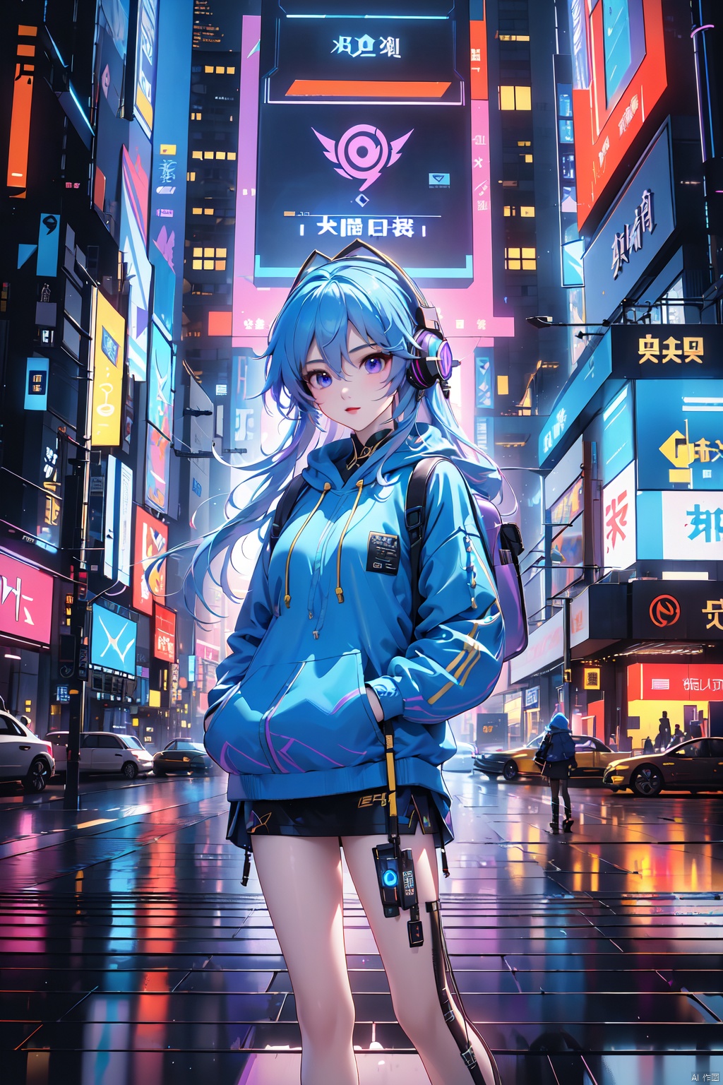  Dreampolis, hyper-detailed digital illustration, cyberpunk, single girl with techsuite hoodie and headphones in the street, neon lights, lighting bar,(blue|gold|Gradient hair),purple eyes,city, cyberpunk city, film still, backpack, in megapolis, pro-lighting, high-res, masterpiece, (/qingning/), (\MBTI\), (\shen ming shao nv\), Light master,standing