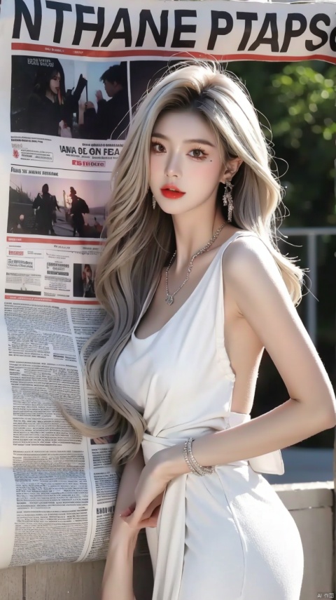1girl,solo,Standing,(white|brown|Gradient hair), jewelry, Earrings, Necklace, {JK},Newspaper,Newspaper wall, huge filesize, extremely detailed, 8k wallpaper, highly detailed, best quality,medium_hair,medium_breasts,vest, pf-hd,hands down, huliya,
