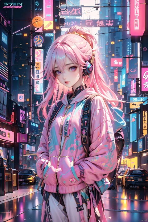  Dreampolis, hyper-detailed digital illustration, cyberpunk, single girl with techsuite hoodie and headphones in the street, neon lights, lighting bar,(pink|gold|Gradient hair),purple eyes,city, cyberpunk city, film still, backpack, in megapolis, pro-lighting, high-res, masterpiece, (/qingning/), (\MBTI\), (\shen ming shao nv\), Light master,standing