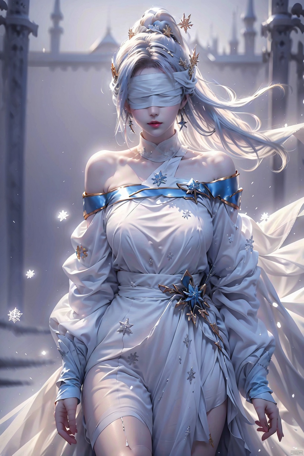  duotone white and blue,1girl,gold_hair, ponytail, (blindfold),The wind blows, close-up,Off Shoulder, (((Binding))),[Armor_dress],depth of field,[ice crystal], (snowflake),
