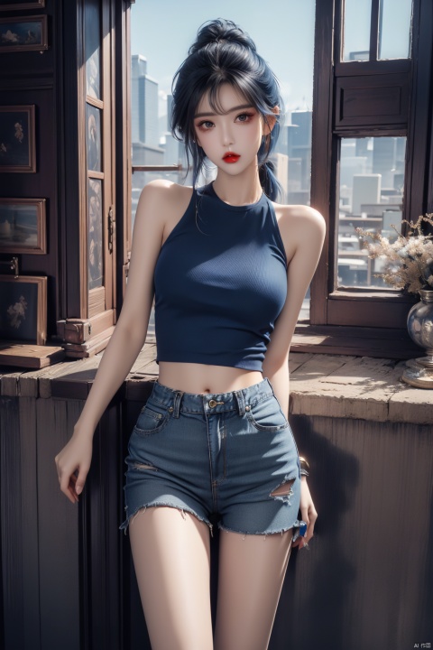  solo,  looking at viewer,  blue hair,  Pantyhose,  Ripped denim shorts,  wide shot,  HDR,  Vibrant colors,  surreal photography,  highly detailed,  masterpiece,  ultra high res,high contrast,  mysterious,  cinematic,  fantasy,  bright natural light,  pantyhose,  loafers, yunqing, Exquisite , Mouth, huliya, 1girl