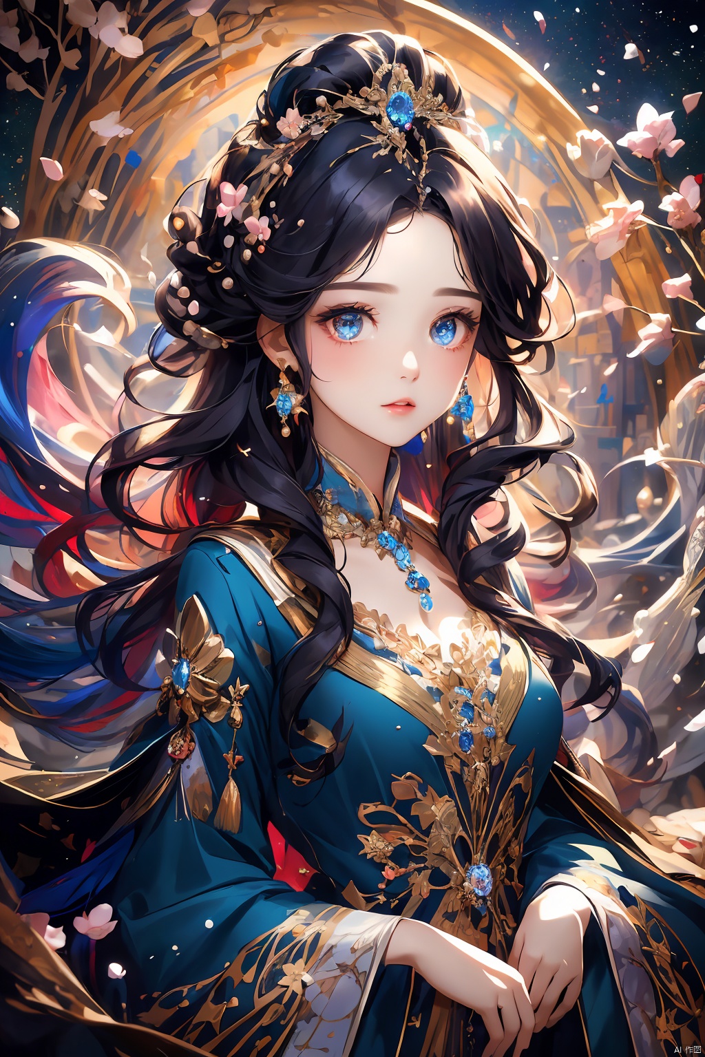  (masterpiece), (best quality), (ultra-detailed), (illustration), 1girl, mixed-blood, stars in the eyes, cherry blossoms, messy floating hair, crystal earrings, colored inner hair, Starry sky adorns hair, (colorful Bubble), (pearl), (Galaxy), depth of field, upper body, lace-trimmed dress