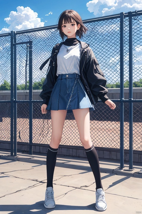1girl,solo,fashionable,vibrant,posing,front,colorful,dynamic,scene,attention-grabbing,stylish,font,catchy,headline,a girl,standing,miniskirt,kneehighs,sneakers,solo,outdoors,day,bangs,fence,rooftop,blue sky,chain-link fence, cloudy sky,