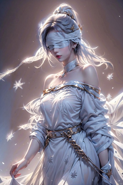  duotone white and blue,1girl,gold_hair, ponytail, (blindfold),The wind blows, close-up,Off Shoulder, (((Binding))),[Armor_dress],depth of field,[ice crystal], (snowflake),
