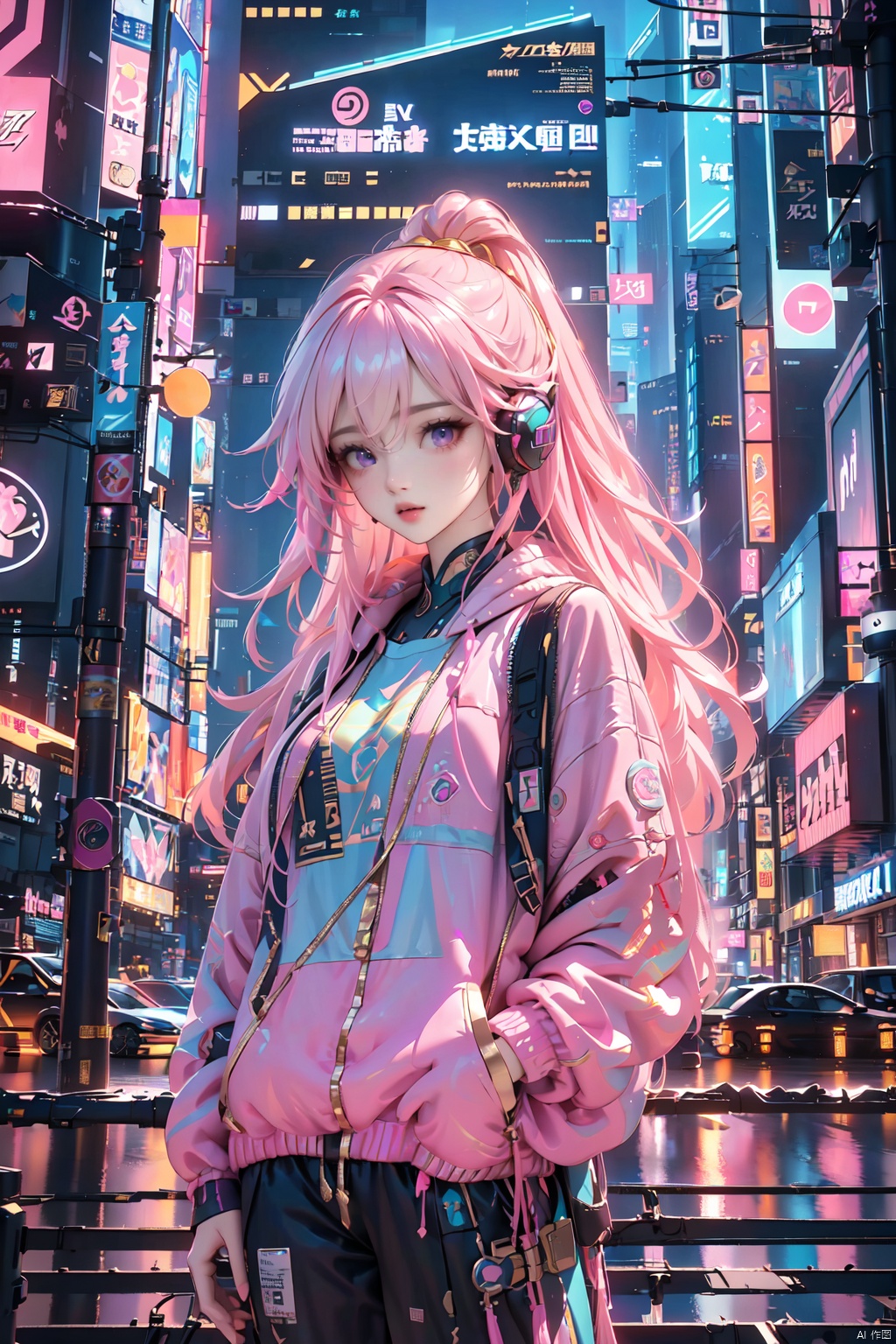  Dreampolis, hyper-detailed digital illustration, cyberpunk, single girl with techsuite hoodie and headphones in the street, neon lights, lighting bar,(pink|gold|Gradient hair),purple eyes,city, cyberpunk city, film still, backpack, in megapolis, pro-lighting, high-res, masterpiece, (/qingning/), (\MBTI\), (\shen ming shao nv\), Light master,standing