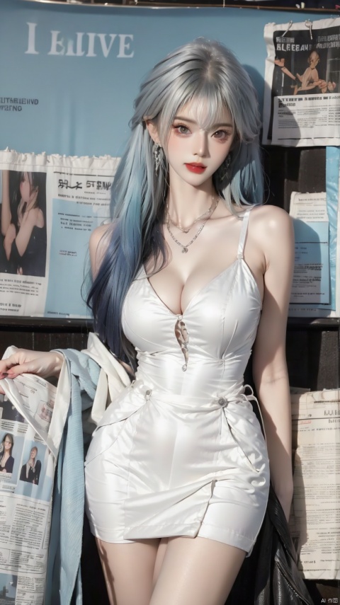 1girl,solo,Standing,(silver|cyan|Gradient hair), jewelry, Earrings, Necklace, {JK}, Newspaper wall, huge filesize, extremely detailed, 8k wallpaper, highly detailed, best quality,medium_hair,medium_breasts,cleavage cutout,vest, pf-hd