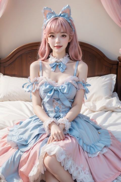  Girl, bare shoulders, pink hair, boobs, bow tie, brown eyes, cat ears, collar, ((Lolita Dress: 1.4)) , blue and white Lolita dress, wrinkled leg outfit, lips, nose, shoulders, （（lying on the bed）） alone, two-tailed, smiling, looking at the audience, white leg costume, wrist cuffs