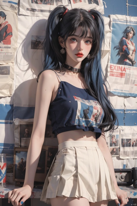  masterpiece, 1girl ((newspaper background)), blue hair,blush, look at viewer,  full body,(Bikini),twintails,twin tails,Pleated skirt,white short skirt,black short skirt,jewelry, (studio light), soft light, official art, beautiful and aesthetic:1.2), extreme detailed, (joshua middleton comic cover art:1.1),  solo,(concretism:1.2), (hypermaximalistic:1.5), highest detailed, (Action painting:1.2), Ray tracing, best quality, best quality,Front view, 