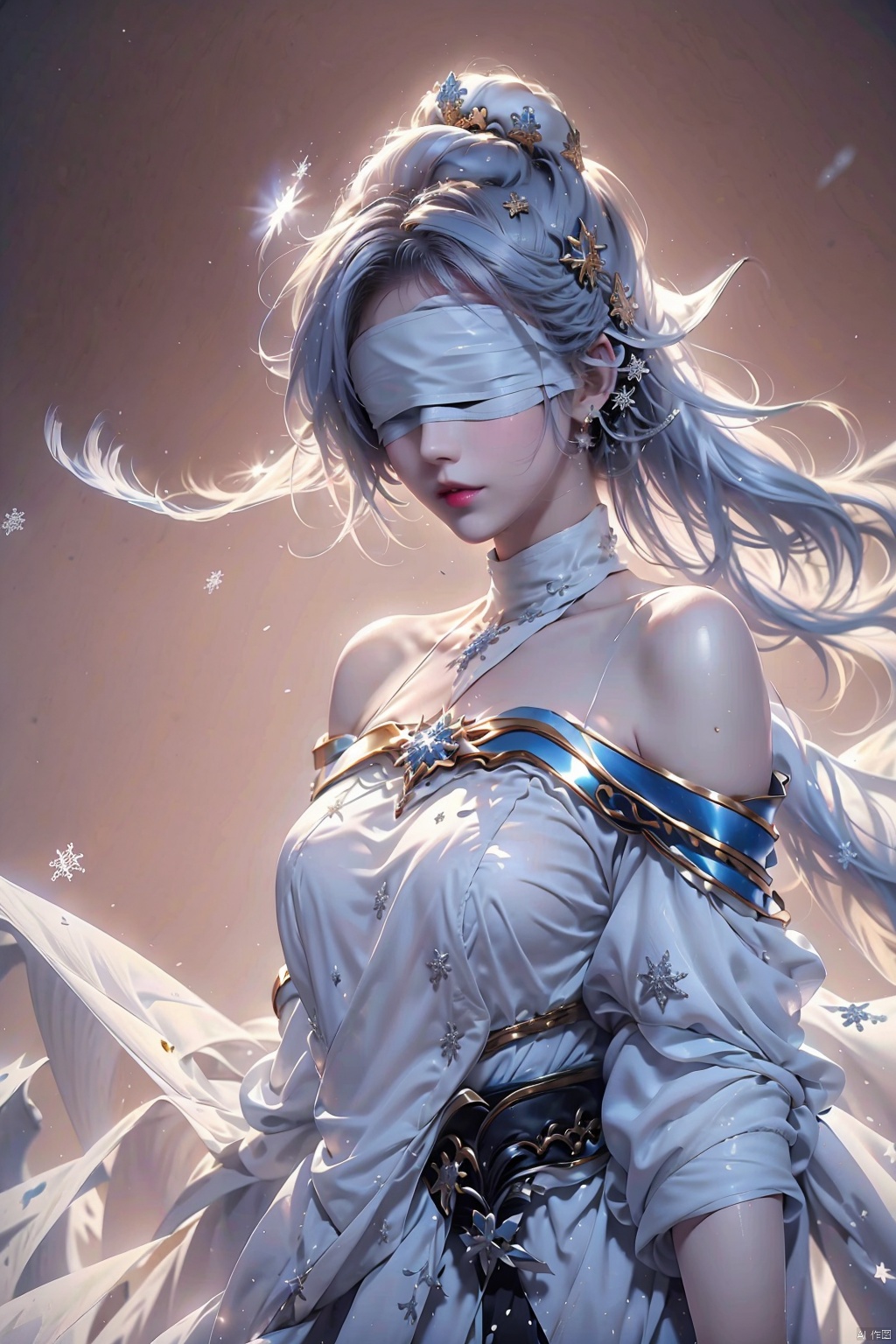  duotone white and blue,1girl,gold_hair, ponytail, (blindfold),The wind blows, close-up,Off Shoulder, (((Binding))),[Armor_dress],depth of field,[ice crystal], (snowflake),
