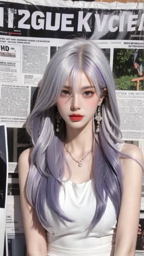1girl,solo,Standing,(white|purple|Gradient hair), jewelry, Earrings, Necklace, {JK},Newspaper,Newspaper wall, huge filesize, extremely detailed, 8k wallpaper, highly detailed, best quality,medium_hair,medium_breasts,vest, pf-hd,hands down, huliya