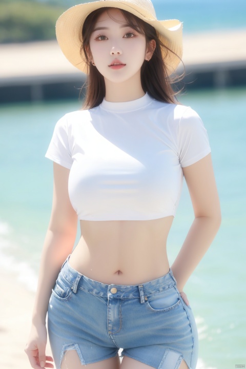 1girl,solo,navel,large_breasts,shirt,midriff,hat,white short sleeves,crop top,brown hair,day,white cap,denim shorts,cowboy shot,realistic,jeans,standing,blurry background,Sea to sky,sea ​​water, huliya, from_above,