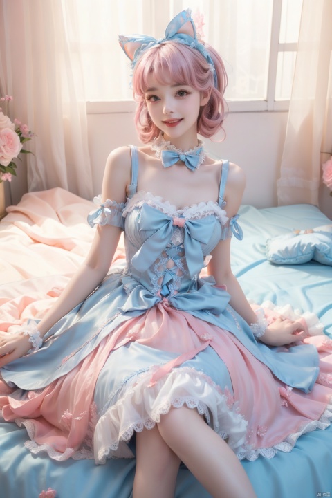  Girl, bare shoulders, pink hair, boobs, bow tie, brown eyes, cat ears, collar, ((Lolita Dress: 1.4)) , blue and white Lolita dress, wrinkled leg outfit, lips, nose, shoulders, （（lying on the bed）） alone, two-tailed, smiling, looking at the audience, white leg costume, wrist cuffs