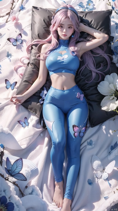  1 girl, (light gray tight yoga suit), multi-blue hair, pink hair, butterfly headband, white esports earphones, (snow), full body, lying down, navel, fair and transparent skin, viewed from above, represented by heart shape, decorated with blue heart shape, using a large number of heart shapes, using a large number of blue heart shapes as background, using a large number of blue, using a large number of blue flowers, soft light, masterpiece, best quality, 8K, HDR, goddess, Hourglass body shape