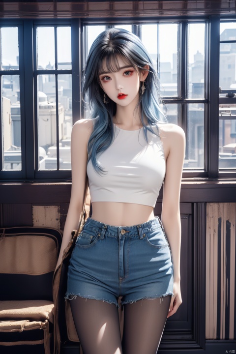 solo, looking at viewer,(white|blue|Gradient hair),  Pantyhose,  Ripped denim shorts,  wide shot,  HDR,  Vibrant colors,  surreal photography,  highly detailed,  masterpiece,  ultra high res,high contrast,  mysterious,  cinematic,  fantasy,  bright natural light,  pantyhose,  loafers, yunqing, Exquisite , Mouth, huliya, 1girl