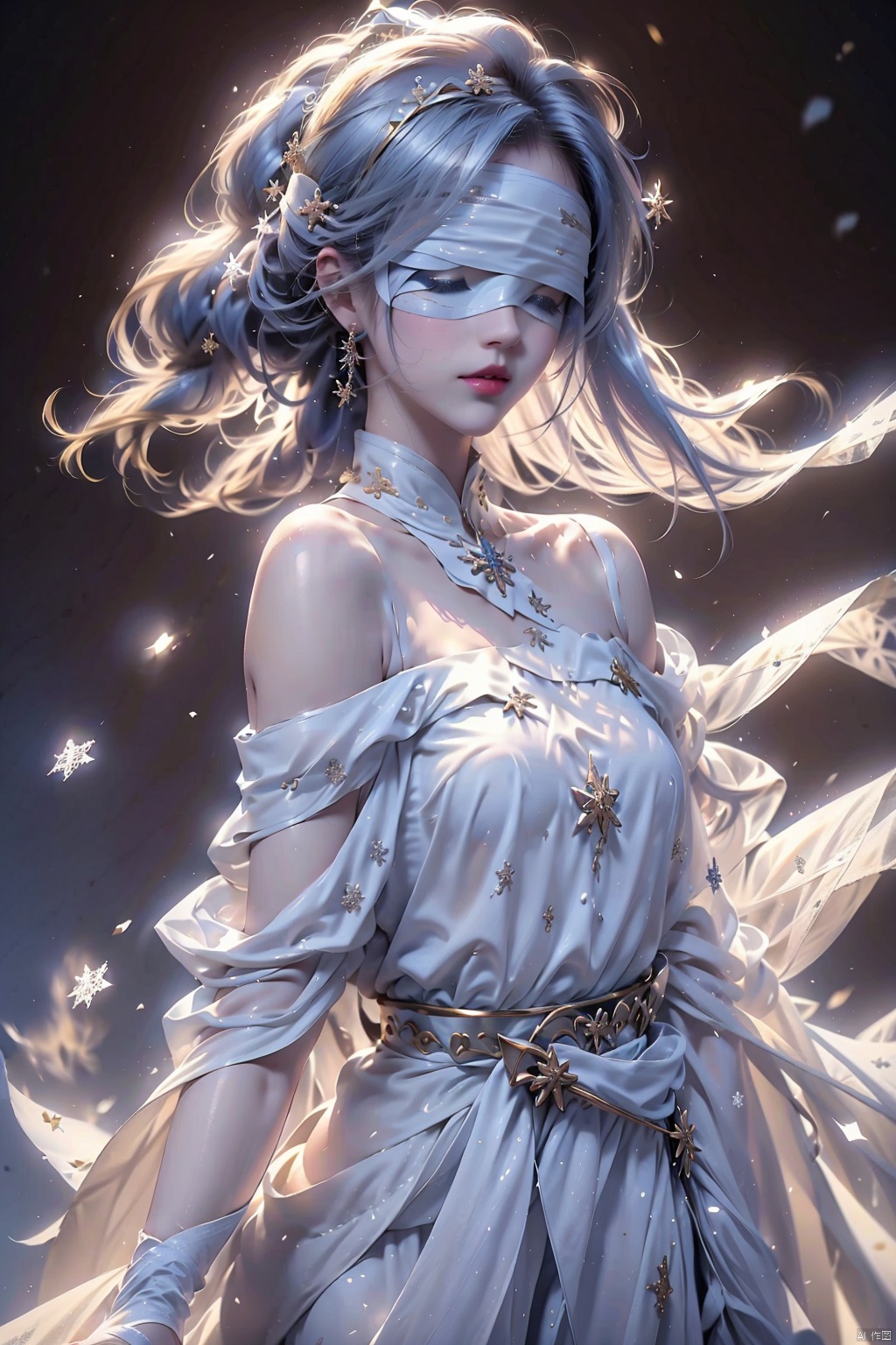  duotone white and blue,1girl,gold_hair, ponytail, (blindfold),The wind blows, close-up,Off Shoulder, (((Binding))),[Armor_dress],depth of field,[ice crystal], (snowflake),
