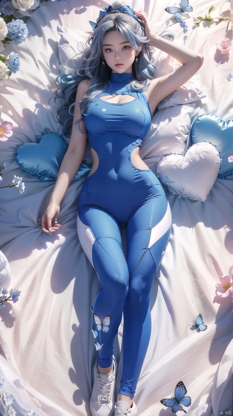  1 girl, (light gray tight yoga suit), blue hair, butterfly headband, white esports earphones, (snow), full body, lying down, navel, fair and transparent skin, viewed from above, represented by heart shape, decorated with blue heart shape, using a large number of heart shapes, using a large number of blue heart shapes as background, using a large number of blue, using a large number of blue flowers, soft light, masterpiece, best quality, 8K, HDR, goddess, Hourglass body shape