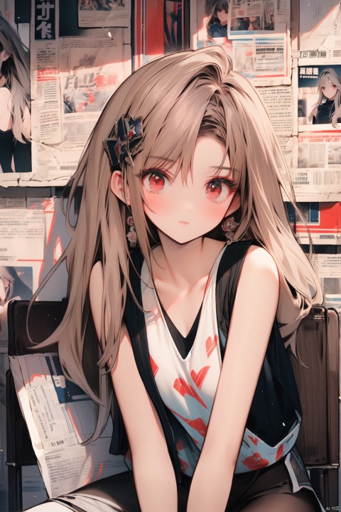  masterpiece,best quality,huge filesize,colorful,depth_of_field,detailed background,detailed details,1girl,solo,hair_ornament,beautiful detailed red eyes,small breasts,vest,print leotard,library,((sitting on a chair)), black_pantyhose,(white|brown|Gradient_hair), newspaper