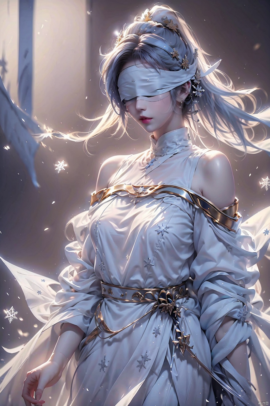  duotone white and blue,1girl,gold_hair, ponytail, (blindfold),The wind blows, close-up,Off Shoulder, (((Binding))),[Armor_dress],depth of field,[ice crystal], (snowflake),
