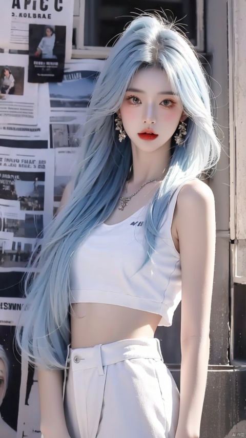  1girl,solo,Standing,(white|blue|Gradient_hair),jewelry,Earrings, Necklace,{JK}, Newspaper wall,medium breasts,clothes writing,, extremely detailed, 8k wallpaper, highly detailed, best quality,sportswear,huliya