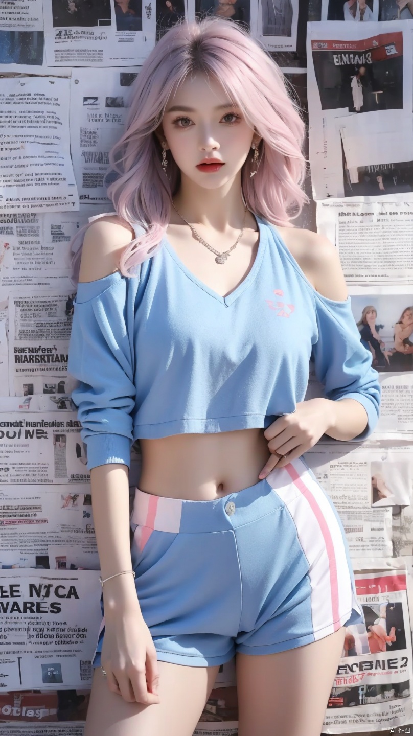  1girl,realistic,solo,Standing,(white|pink|blue_hair),jewelry,Earrings, Necklace,{JK}, Newspaper wall,medium breasts,clothes writing,, extremely detailed, 8k wallpaper, highly detailed, best quality,sportswear,huliya, tm
