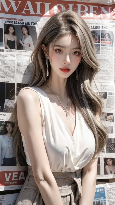 1girl,solo,Standing,(white|brown|Gradient hair), jewelry, Earrings, Necklace, {JK},Newspaper,Newspaper wall, huge filesize, extremely detailed, 8k wallpaper, highly detailed, best quality,medium_hair,medium_breasts,vest, pf-hd,hands down, huliya,