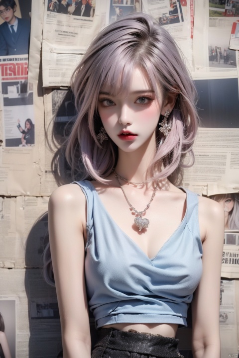 1girl,solo,realistic,solo,Standing,(white|pink|blue_hair),jewelry,Earrings, Necklace,{JK}, Newspaper wall,medium_breasts ,extremely detailed, 8k wallpaper, highly detailed, best quality,huliya, tm,vest,upskirt,stomach cutout,closed_mouth, 1 girl