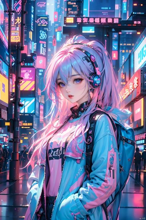  Dreampolis, hyper-detailed digital illustration, cyberpunk, single girl with techsuite hoodie and headphones in the street, neon lights, lighting bar,(pink|blue|Gradient hair),purple eyes,city, cyberpunk city, film still, backpack, in megapolis, pro-lighting, high-res, masterpiece, (/qingning/), (\MBTI\), (\shen ming shao nv\), Light master,standing