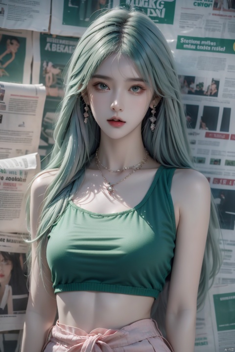  1girl,solo,realistic,solo,Standing,(white|pink|green_hair),jewelry,Earrings, Necklace,{JK}, Newspaper wall,medium_breasts ,extremely detailed, 8k wallpaper, highly detailed, best quality,huliya, tm,vest, Light master,upskirt,stomach cutout,closed_mouth