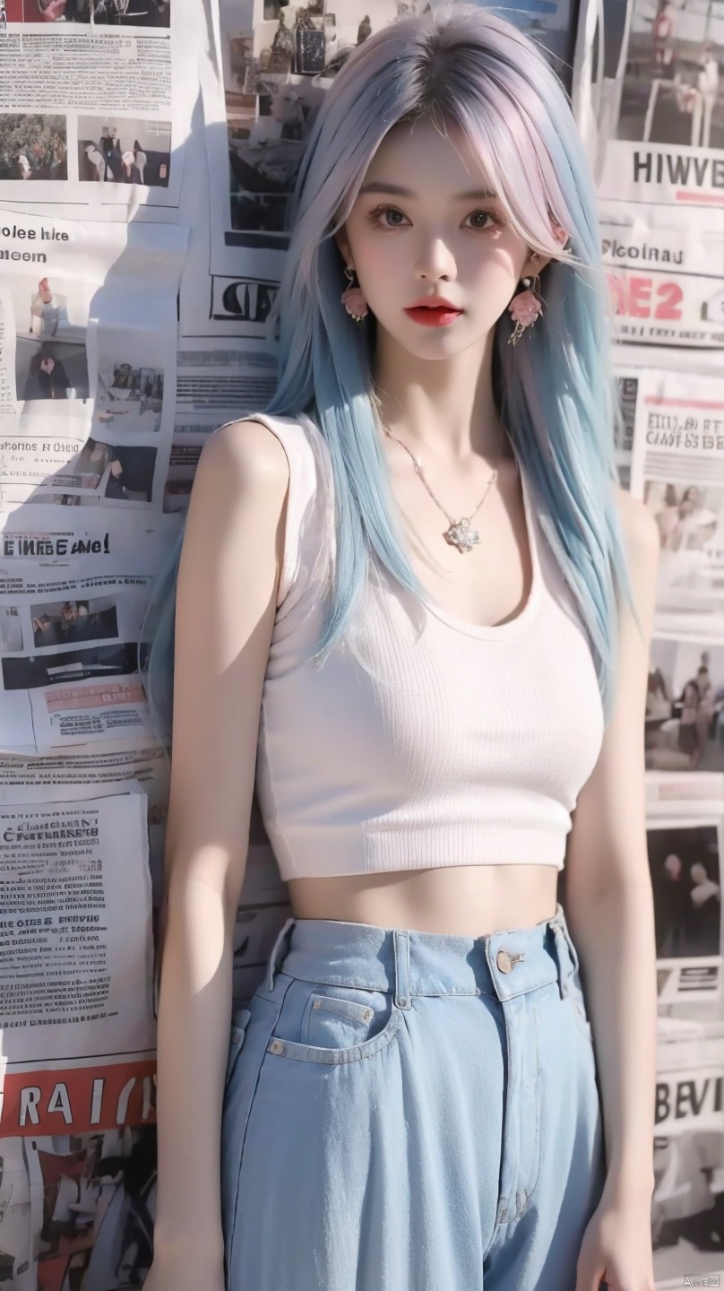  1girl,realistic,solo,Standing,(white|pink|blue_hair),jewelry,Earrings, Necklace,{JK}, Newspaper wall,medium breasts,extremely detailed, 8k wallpaper, highly detailed, best quality,huliya,white vest,undershirt