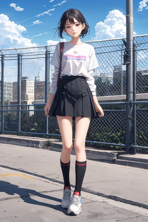 1girl,solo,fashionable,vibrant,posing,front,colorful,dynamic,scene,attention-grabbing,stylish,standing,miniskirt,kneehighs,sneakers,outdoors,day,bangs,fence,rooftop,blue sky,chain-link fence, cloudy sky,
