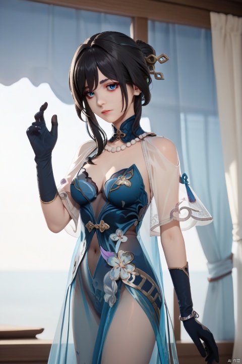 score_9, score_8, ruanmei, 1girl, gloves, blue eyes, black hair, dress, breasts, nsfw, transparent clothes
