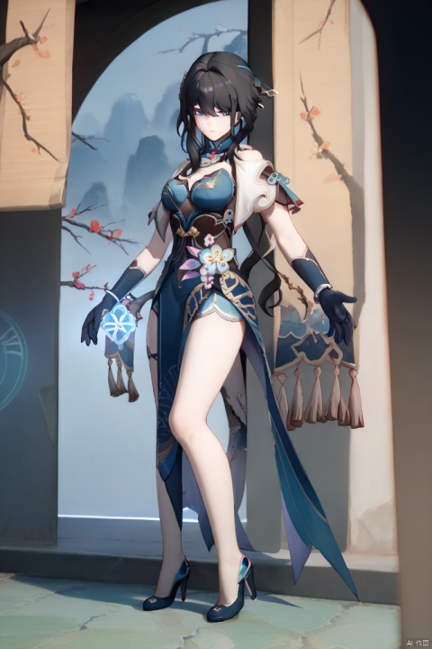 score_9, score_8, ruanmei, def clothe, 1girl, gloves, blue eyes, black hair, dress, breasts, high heels, chineseclothes,