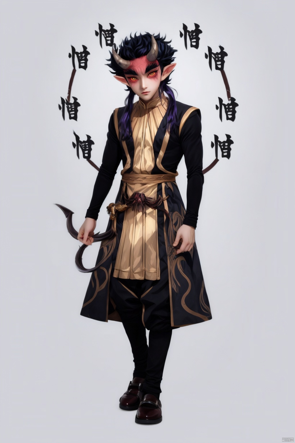 a handsome demon boy, horns, 憎, full body