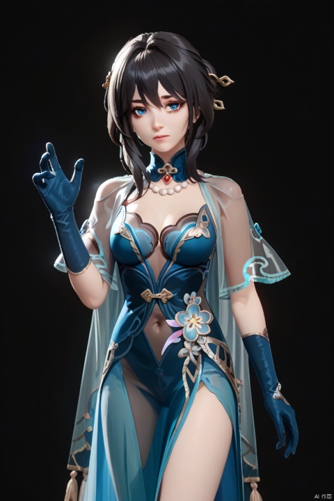 score_9, score_8, ruanmei, 1girl, gloves, blue eyes, black hair, dress, breasts, nsfw, transparent clothes