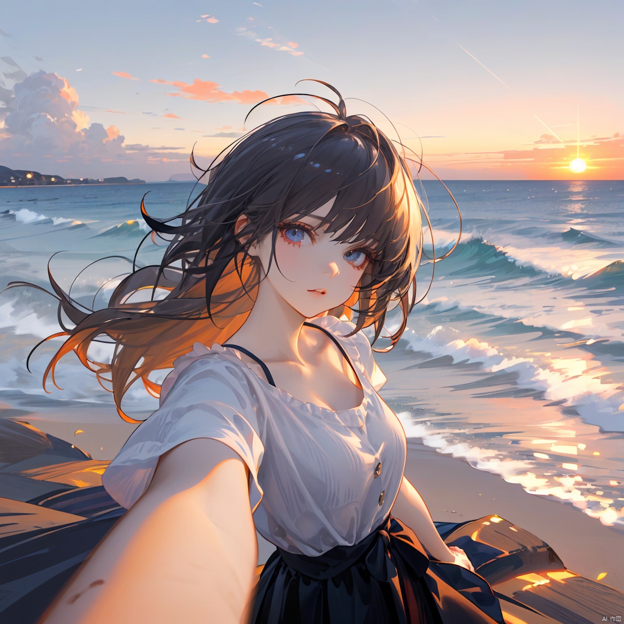 xxmix_girl,a woman takes a fisheye selfie on a beach at sunset, the wind blowing through her messy hair. The sea stretches out behind her, creating a stunning aesthetic and atmosphere with a rating of 1.2.,xxmix girl woman