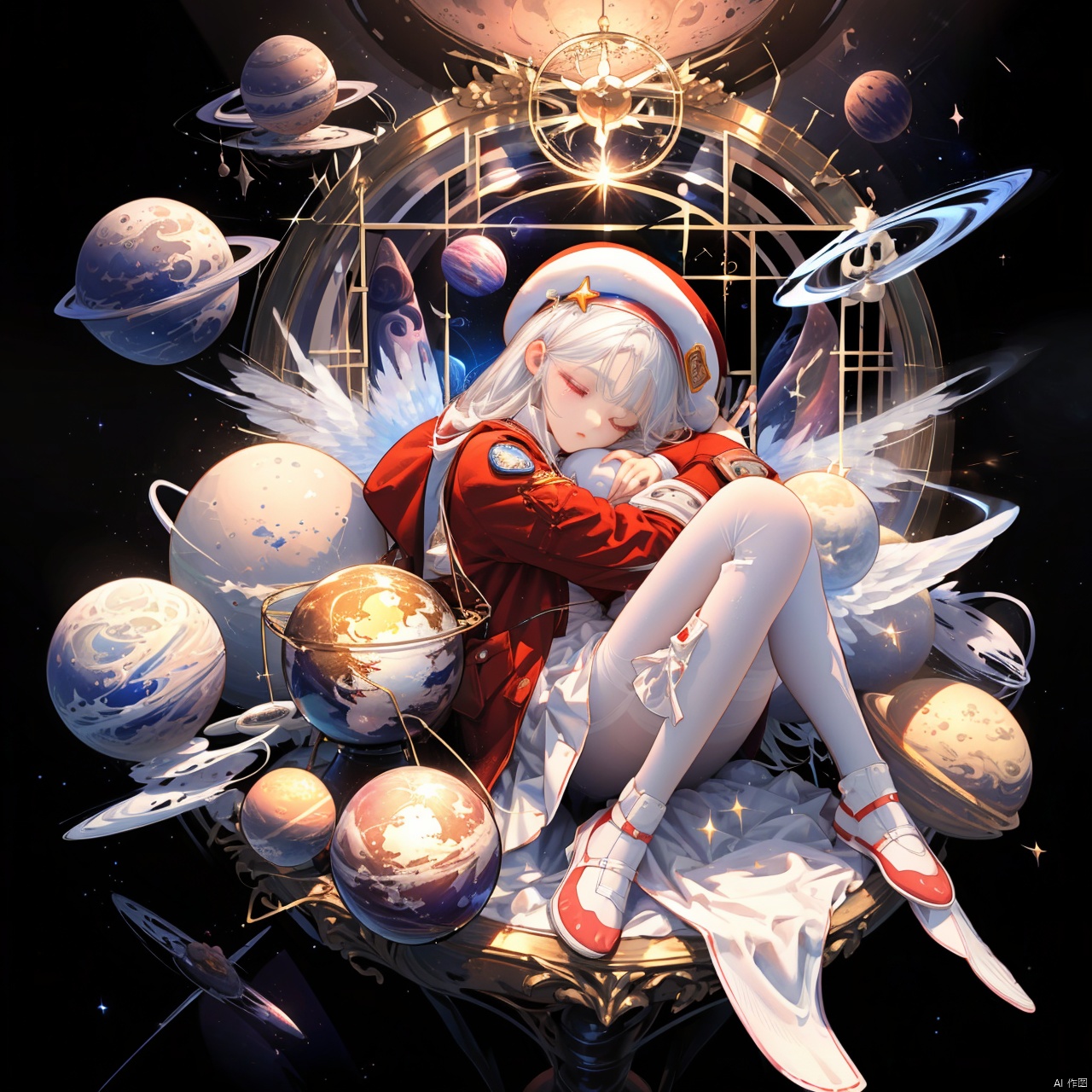  loli,for side,stars and planets,space marine,fetal position,sleep,(Circular window):1.3,hug won legs,(beautiful detailed Space Station Interior):1.2,console,control cabin,(Circular glass window):1.4,school bag,suspension,star_hair_ornament,white pantyhose,feet up,Beret,red coat,hug a Rabbit toys,long hair,Floating Hair,confused,pink eyes,white hair,knees_on_chest,stars and planets,globe,