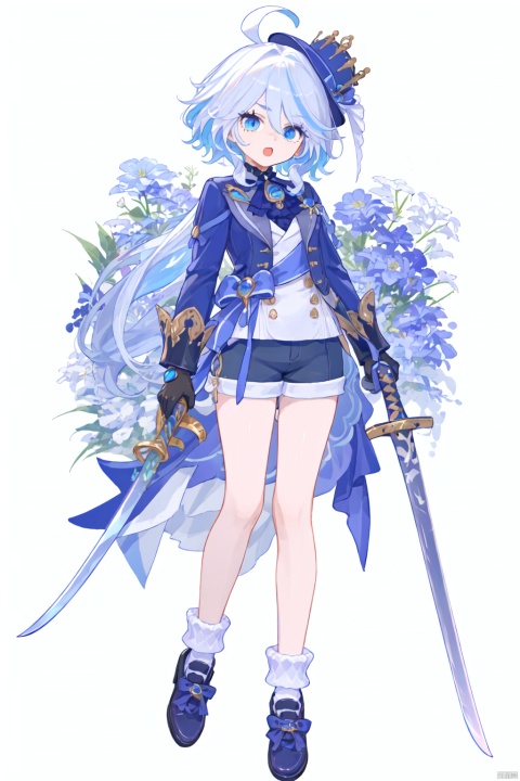 1girl, solo, long hair, looking at viewer, open mouth, blue eyes, gloves, long sleeves, hat, blue hair, full body, weapon, ahoge, white hair, multicolored hair, shorts, socks, sword, cane, holding cane