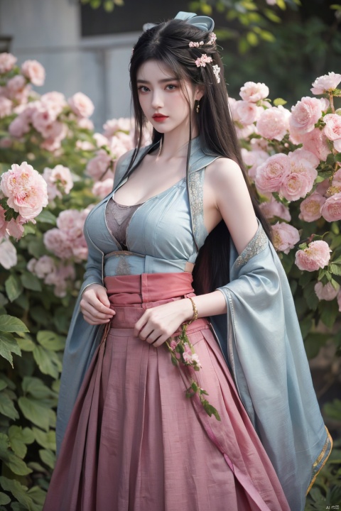  1girl, solo, pink Chinese clothes,
long hair, (butterfly:1.2), pale skin,pink hair, (long skirt hanfu:1.4),Hanfu, hime cut, bangs, bracelet, blunt bangs, Hands hang down naturally,jewelry, blue eyes, (fractal art Theme),cowboy shot, (alive skin), (big breasta:1.69),(colorful flowers:1.29),veil