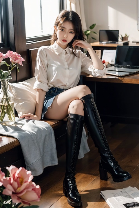  Full-body photos of a girl, realism, HD 16k,office,office_lady,workplace,sexy 
 jeans, light master,Huge flowers, bare long legs,light rays, transparent, kneehigh boots, depth of field