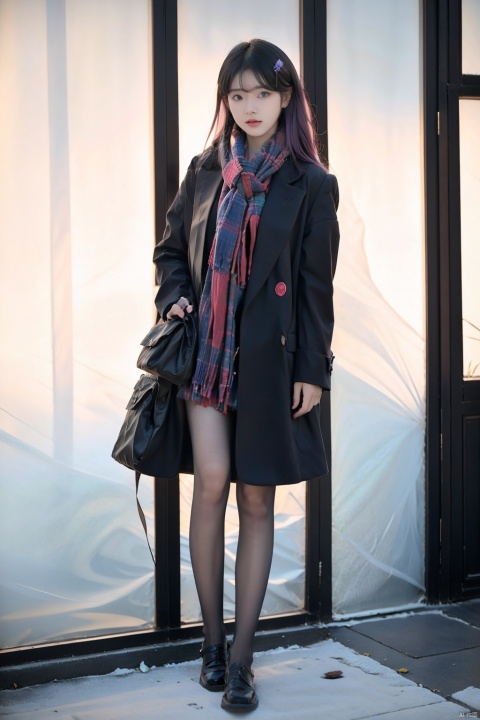  Sunshangxiang,1girl,solo,long hair,skirt,purple hair,multicolored hair,coat,pink footwear,personification,long sleeves,shoes,jewelry,gradient hair,looking at viewer,pink hair,boots,, (raw photo:1.2),((photorealistic:1.4))best quality,masterpiece,illustration,an extremely delicate and beautiful,extremely detailed,CG,unity,8k wallpaper,Amazing,finely detail,masterpiece,best quality,official art,extremely detailed CG unity 8k wallpaper,absurdres,incredibly absurdres,huge filesize,ultra-detailed,highres,extremely detailed,beautiful detailed girl,cinematic lighting,1girl,pale skin,tall female,(perfect body shape),skinny body,Slender legs, caiyi, black pantyhose